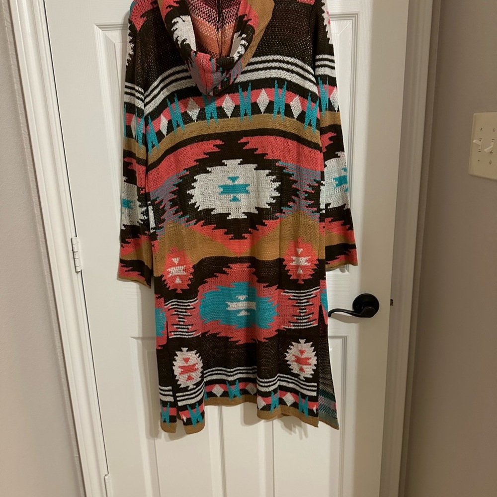 Rock & Roll Cowgirl Aztec Print long cardigan with hoodie